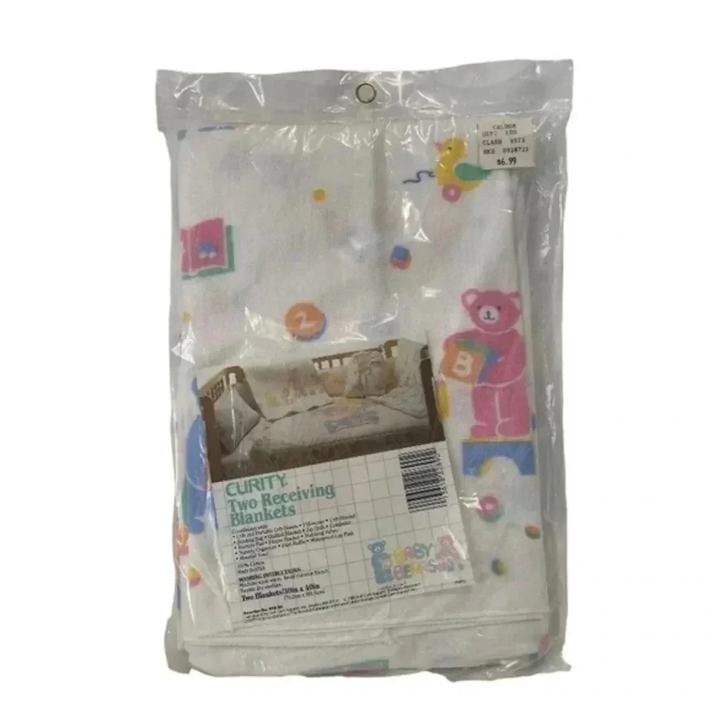 Curity Two Receiving Blankets Baby Bears 30inx40in Blue Pink Caldor Vintage 1986